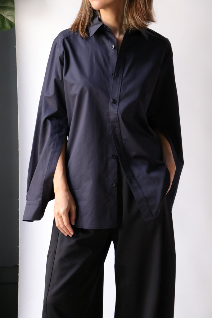 Tibi Eco Poplin Shirt W/ Inseam Vent in Dark Navy tops-blouses Tibi 
