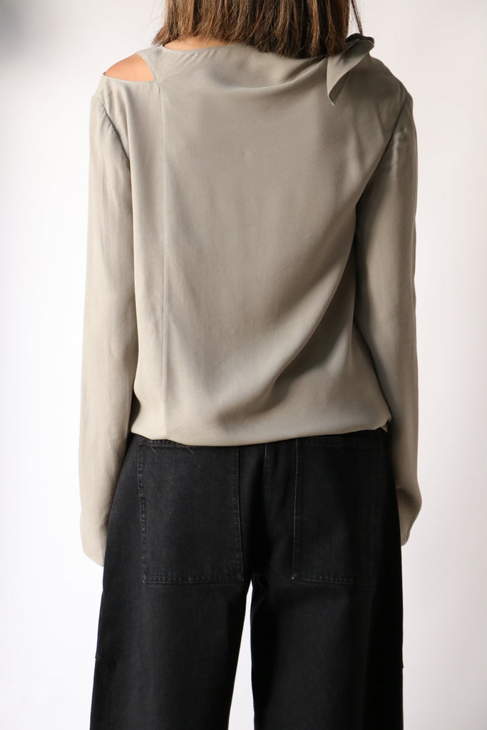 Tibi Feather Weight Eco Crepe Benedict Top in Grey tops-blouses Tibi 