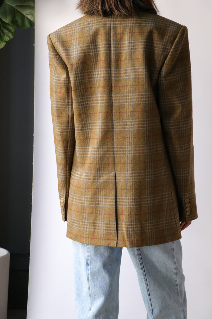 Tibi Hopper Plaid Dennis Blazer in Tan Multi Outerwear Tibi 