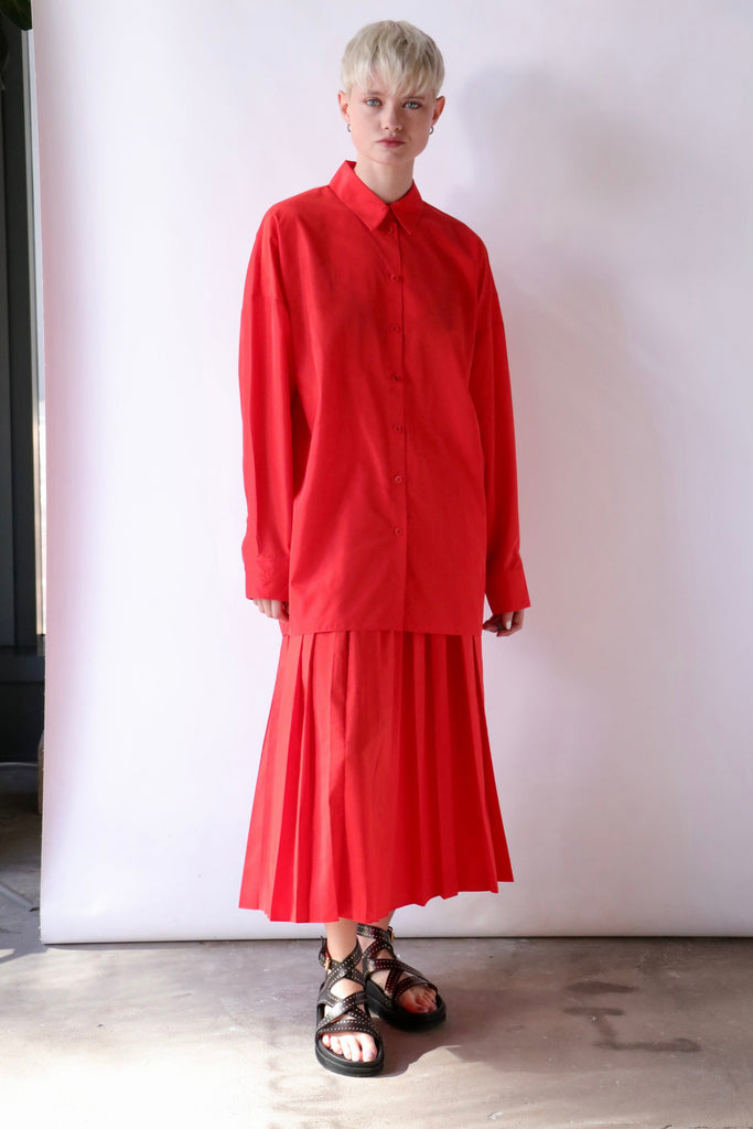 Tibi Italian Sporty Nylon Shirt with Cocoon Back in Red tops-blouses Tibi 