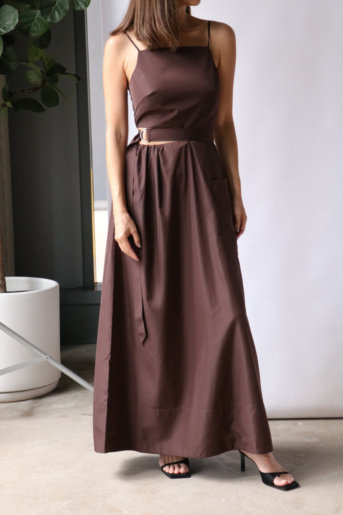 Tibi Italian Sporty Nylon Strappy Cut Out Dress in Dark Brown Dresses Tibi 