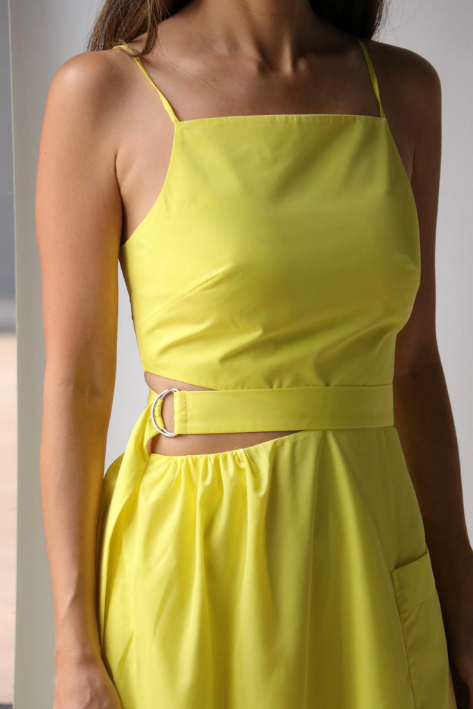 Tibi Italian Sporty Nylon Strappy Cut Out Dress in Yellow Dresses Tibi 