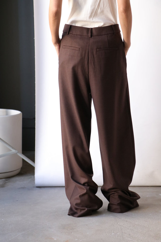 Tibi Jett Suiting Asymmetrical Pleat Stella Pant in Brown Multi Bottoms Tibi 