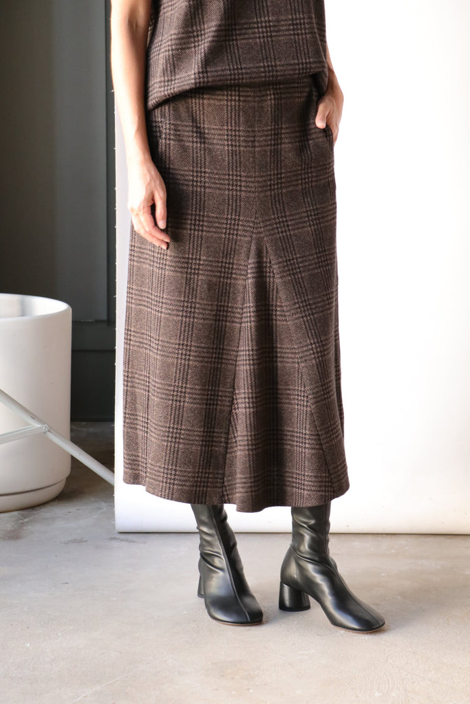 Tibi Lutz Knit Godet Midi Skirt in Brown/Black Multi Bottoms Tibi 