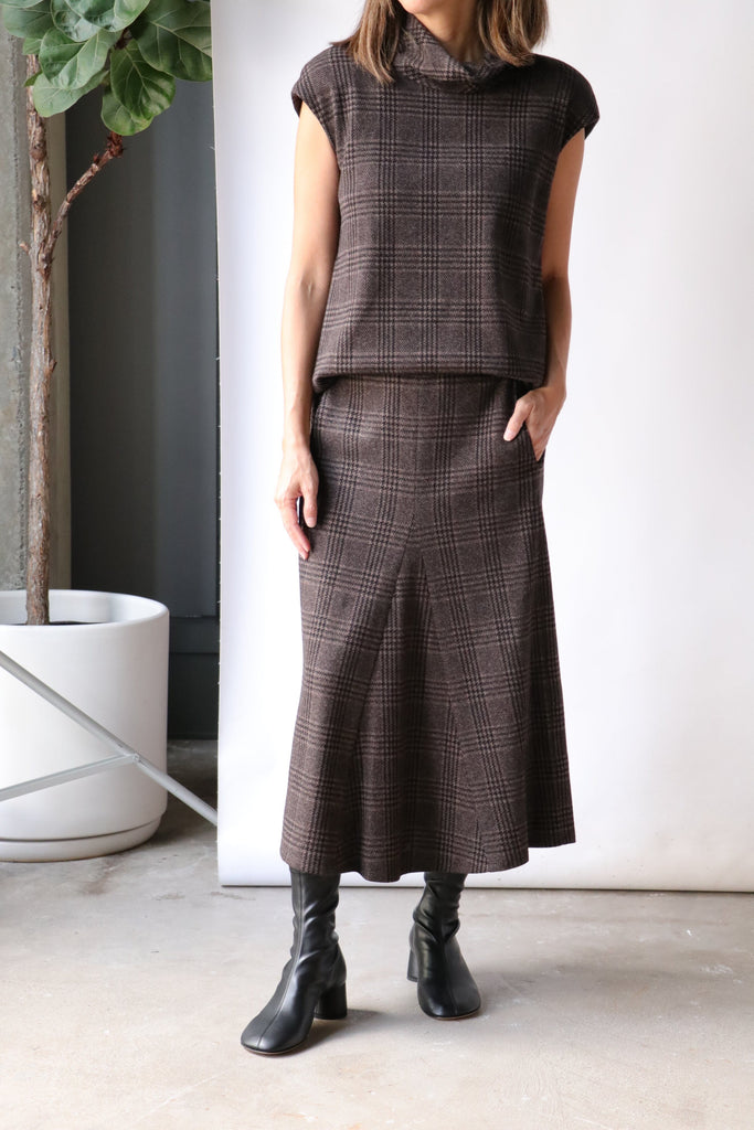 Tibi Lutz Knit Godet Midi Skirt in Brown/Black Multi Bottoms Tibi 