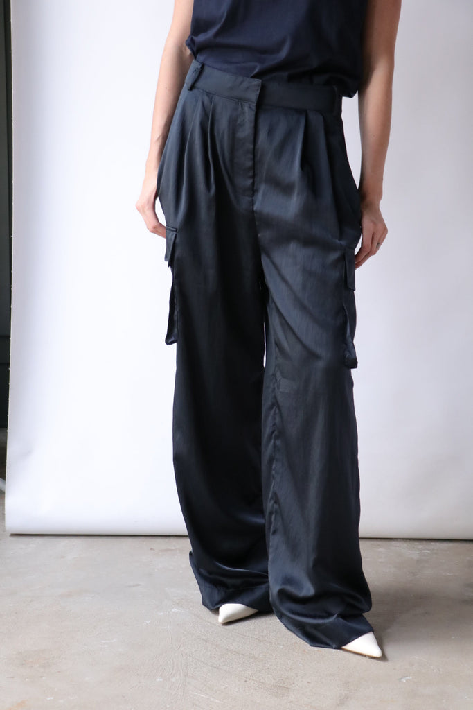 Tibi Shiny Nylon Pleated Stella Cargo Pant Bottoms Tibi 