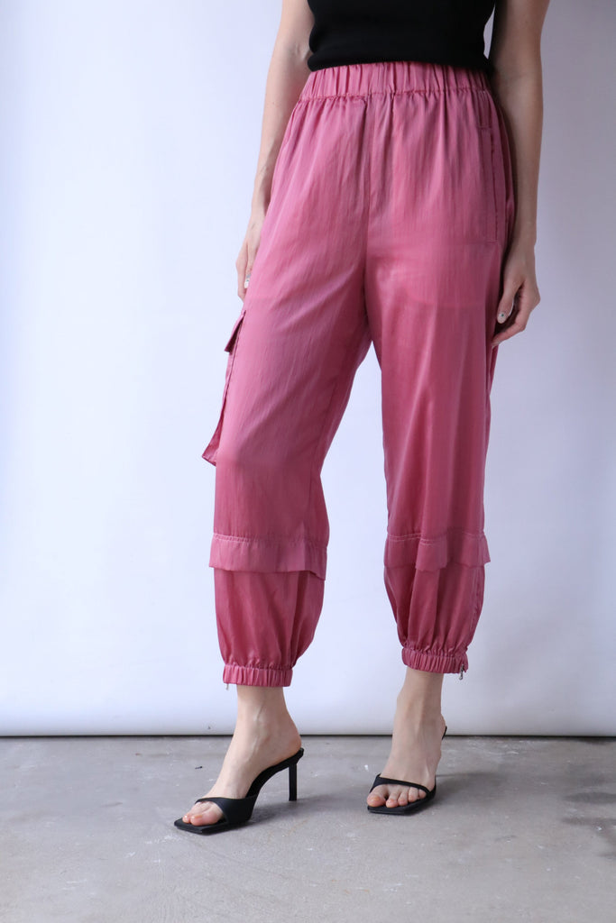 Tibi Shiny Nylon Wilt Pull On Jogger in Rose Bottoms Tibi 