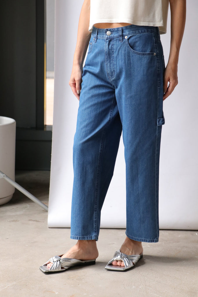 Tibi Stone Wash Denim Cropped Sam Jean in Medium Stone Wash Bottoms Tibi 