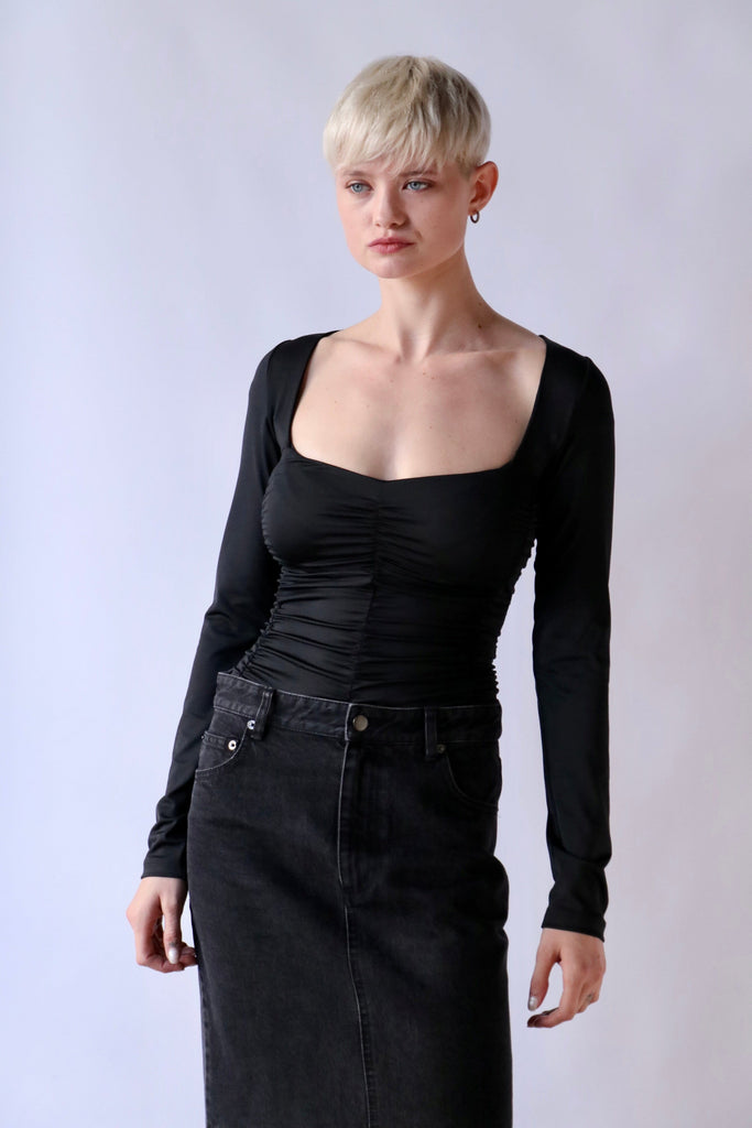 Tibi Stretch Shirred L/S Bodysuit in Black tops-blouses Tibi 