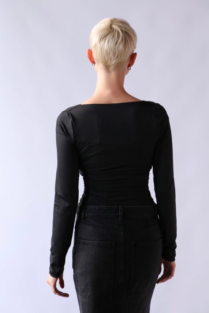 Tibi Stretch Shirred L/S Bodysuit in Black tops-blouses Tibi 