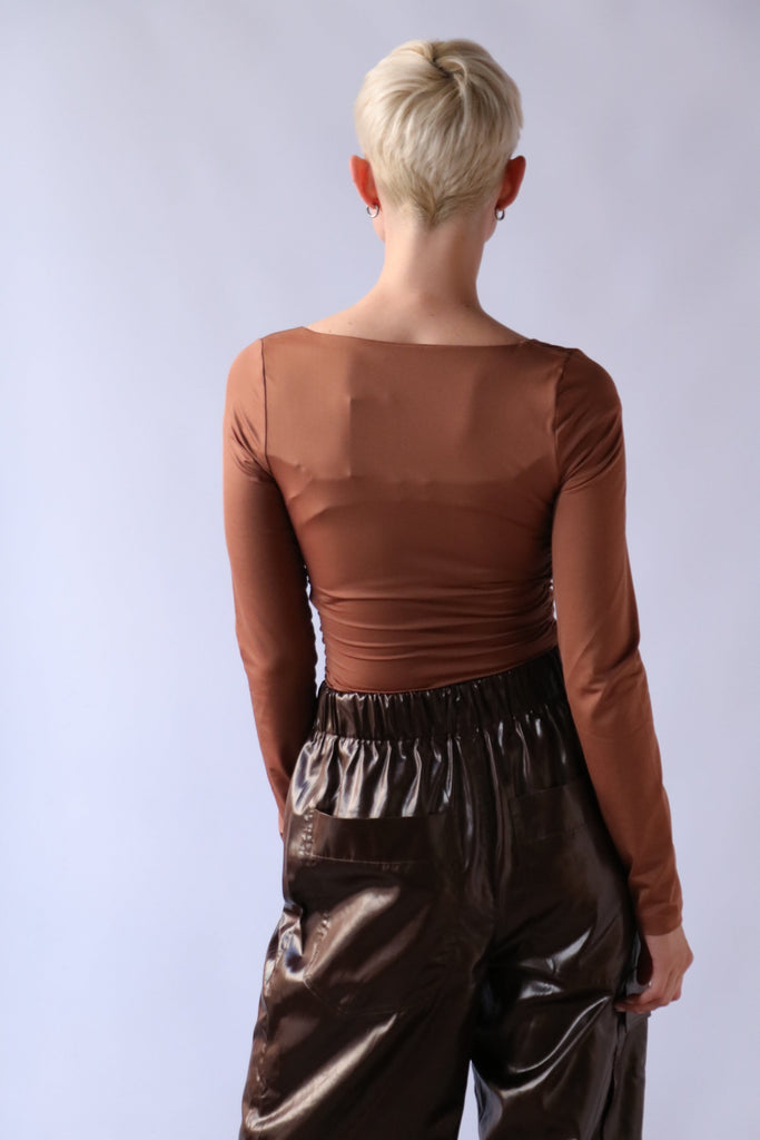Tibi Stretch Shirred L/S Bodysuit in Cocoa Brown tops-blouses Tibi 