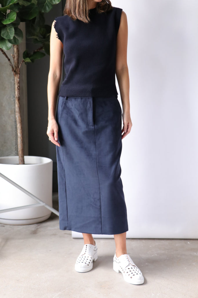 Tibi Ultrasuede Midi Trouser Skirt in Midnight Navy Bottoms Tibi 